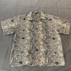 Sideout Shirt Mens Large Blue Tan Floral Hawaiian Button Up Aloha Short Sleeve